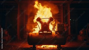 Air Compressor Fire in Industrial Setting - A large air compressor is engulfed in flames within a dark industrial facility.
