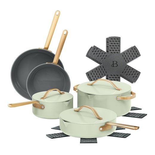 Beautiful 12-Piece Ceramic Nonstick Cookware Set, Pots and Pans with Strainer Lids, Sage Green by Drew Barrymore