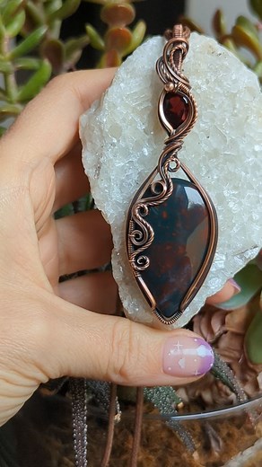 Here's what I've been working on, Bloodstone & Garnet in oxidized copper. #bloodstone #wirewrappedpendant #riojeweler | OxanaCrafts