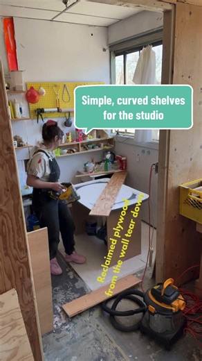 An easy diy shelf project using reclaimed wood from the studio rebuild! #ceramicsstudio #ceramics #studiobuild #diy #womenownedbusiness