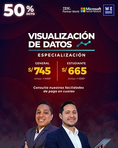 🔥50% Dcto.🔥 #Especialización 𝗩𝗶𝘀𝘂𝗮𝗹𝗶𝘇𝗮𝗰𝗶𝗼́𝗻 𝗱𝗲 𝗗𝗮𝘁𝗼𝘀 📊💻 👉Información► bit.ly/P_VDats ✅BENEFICIOS: 🔹𝗗𝗼𝗰𝗲𝗻𝘁𝗲𝘀 𝗧𝗼𝗽: Especialistas en modelado de datos, con experiencia en empresas como: RIPLEY y BCP 🔹Certificado con respaldo Microsoft® Partner Network por 60 Hrs. académicas 🔹Metodología aplicativa WE: Talleres, Casos reales y desarrollo de Proyectos 🔹Proyecto Creación de dashboard donde se establecerán los modelos para llevar los datos a Power BI y Tableau 🔹