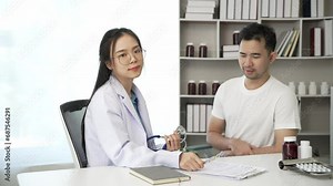 Beautiful female doctor uses stethoscope to listen to heart and lung function, man in hospital with stethoscope. Health problems, illness concept.Video 4k