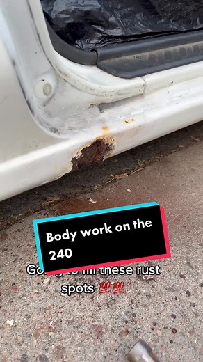 Got tired of looking at the rust so it’s time to fix it! #rusty #rustycar #bondo #bodyfiller #nissansilvia #nissansilvias13 #240sx #240sxconvertible #slammed #slammedcar
