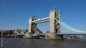 London Tower Bridge Traffic, Thames River View with Ship and Boats, Tourists Visit UK, European Cityscape Landmark