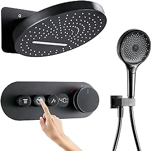 Smart Thermostatic Shower System, Upgrade 12 Inch Wall Mount Full Body Rain Shower System with Digital Display, Matte Black Rainfall Shower System with Handheld