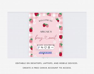 Strawberry Baby Shower Sign, Editable Berry Sweet Baby Shower Decor, Printable Girl Baby Shower Themed Sign, A125 - Etsy