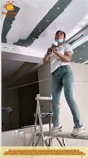 Skilled Worker Applying Ceiling Putty Using Trowel Technique