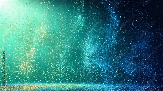 A vibrant abstract image showcasing a sparkling gradient of blues and greens, with tiny floating particles