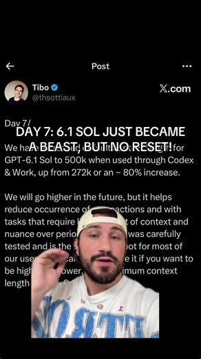Day 7 of OpenAI's 28 days: GPT-6.1 Sol's default context in Codex and ChatGPT Work jumps from 272K to 500K tokens, nearly double. That means it can hold way more of your project in its head before it starts summarizing and losing details. You can still push it up to 1 million. Do you hit context limits on long projects? Save this post and follow for more AI news. #OpenAI #ChatGPT #Codex #AI #AInews