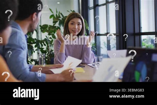 Animation of question marks over diverse business people having meeting at office. Global business, finances and digital interface concept digitally generated video Stock Video Footage - Alamy