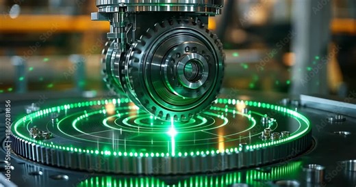 A robotic arm precisely places gears on a circular platform illuminated with green lights, showcasing industrial automation.