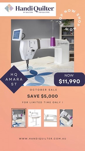 The HQ Amara ST is now just $11,990, saving you a massive $5,000! 💸🙌 This high-performance quilting machine offers precision, speed, and reliability, making it a must-have for any serious quilter! ⚡️ Don’t miss your chance to elevate your quilting projects—grab yours today! 🛍️✨ #HandiQuilterAustralia #AmaraST #QuiltingDeals #QuiltingLife #QuiltingCommunity #SaveBig #QuiltWithPrecision #QuiltAustralia #QuiltArt #QuiltCreation #ArtQuilts #ByQuiltersForQuilters | Handi Quilter Australia