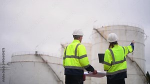 Worker wearing safety helmets and high-visibility jackets, engaged in conversation at an oil refinery with large storage tanks in the background.