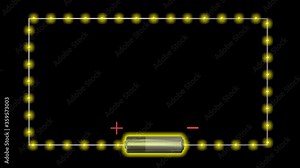 Electricity flowing through circuit with battery. Clockwise motion. 3d animation
