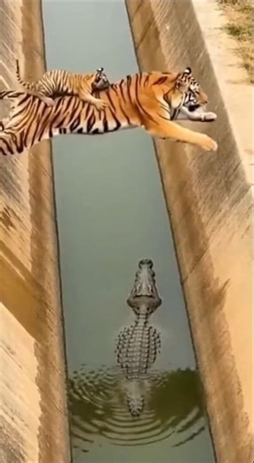 Tiger Slips While Crossing Canal With Cub