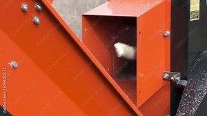 Automatic chopper chopping thick branches. Crusher branches with automatic feeding of material to freight vehicles. Slow motion.