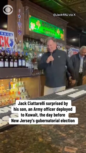 Jack Ciattarelli, the Republican candidate for New Jersey governor, was surprised on the campaign trail on Monday ahead of Election Day by his son Jake, an Army officer deployed to Kuwait. https://cbsn.ws/4qFrdZm | CBS News