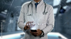 UREA HYDROGEN PEROXIDE - Male Doctor With Mobile Phone Opens and Touches Hologram Active Ingrident of Medicine