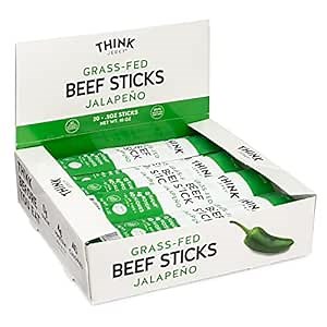 Think Jerky Jalapeno Beef Sticks, Gluten and Sugar Free, No Nitrates, Keto Paleo Friendly High Protein Low Carb Meat Snack - 0.5 oz Sticks, 20 Pack