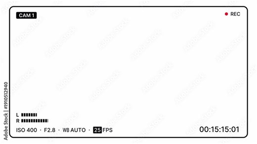 Modern camera screen recording overlay on white background with cam label, rec indicator, timer, stereo audio levels and detailed settings for filmmaking, broadcast and multimedia. 4K Video
