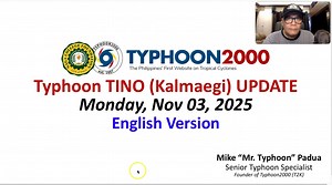 Typhoon TINO (Kalmaegi) Update - Monday, 11/03/25 (English Ver) “TINO” has intensified into a Typhoon (Cat 1) with winds of 130 kph. The core of the typhoon is forecast to make landfall somewhere along Dinagat-Southern Leyte Area on or before midnight tonight or early tomorrow morning. Then, it will traverse Southern Leyte-Camotes Is.-Cebu-Central Negros-Panay Island (near Iloilo-Guimaras) between 2am to 2pm tomorrow, Nov 04. Residents must be fully prepared for the arrival of this typhoon. To f