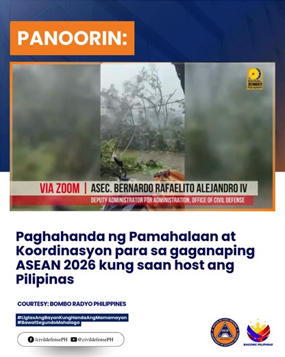 Ibinahagi ni Asec Bernardo Rafaelito Alejandro IV, Civil Defense Deputy Administrator for Administration ang paghahanda ng bansa, kabilang ang deployment ng personnel, logistics, emergency management, tuloy-tuloy na training, at pagsisiguro ng 24/7 na seguridad sa Luzon, Visayas, at Mindanao para sa mga aktibidad ng ASEAN 2026. Binigyang-diin din niya ang matibay na koordinasyon ng Joint Task Group on Emergency Preparedness and Response na magsisiguro ng kaligtasan at kaayusan sa gaganaping ASEA