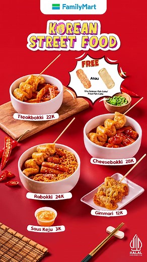 WAW!!ADA YG BARU LAGI DI FAMILYMART .... KOREAN STREET FOOD !!! Annyeonghaseyo Yeorobun! Korean Street Food hadir di FamilyMart!!! Dengan rasa pedas yang nampol sekali nyobain langsung PASTI ketagihan. Ada 3 pilihan menu Korean Street Food : Tteokbokki , Cheesebokki dan Rabokki Tiga menu ini sih wajib kamu cobain.. Gak Ketinggalan buat kamu yang suka gorengan ala Korean Street Food ada GIMMARI juga LOH! Oh iya selama periode launching ini kamu bisa dapatkan SALMON FISH CAKE atau FRIED FISH CAKE 
