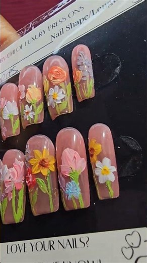 Textured Wildflower Press-On Nails | 3D Hand-Painted Floral Design on Natural Pink