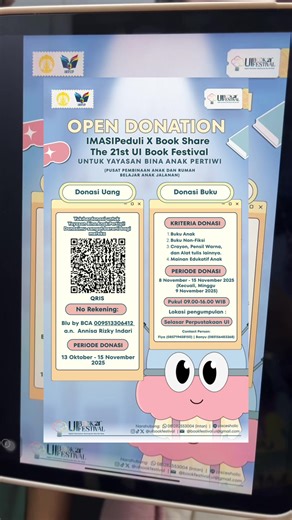 🌟𝐈𝐌𝐀𝐒𝐈𝐏 𝐏𝐞𝐝𝐮𝐥𝐢 𝐱 𝐁𝐨𝐨𝐤 𝐒𝐡𝐚𝐫𝐞 𝐓𝐡𝐞 𝟐𝟏𝐬𝐭 𝐔𝐈 𝐁𝐨𝐨𝐤 𝐅𝐞𝐬𝐭𝐢𝐯𝐚𝐥🌟 𝙊𝙥𝙚𝙣 𝘿𝙤𝙣𝙖𝙩𝙞𝙤𝙣 𝙪𝙣𝙩𝙪𝙠 𝙔𝙖𝙮𝙖𝙨𝙖𝙣 𝘽𝙞𝙣𝙖 𝘼𝙣𝙖𝙠 𝙋𝙚𝙧𝙩𝙞𝙬𝙞 Yuk berbagi kebahagiaan melalui donasi berupa buku bekas layak pakai 📚 atau uang 💸 untuk mendukung semangat belajar adik-adik di Yayasan Bina Anak Pertiwi 🤍 📚𝗗𝗼𝗻𝗮𝘀𝗶 𝗕𝘂𝗸𝘂 🗓️: 8 November - 15 November 2025 (kecuali Minggu, 9 November 2025) 📍: Selasar Perpustakaan UI ⏰: 09.00 - 16.00 WIB 💸𝗗𝗼𝗻𝗮𝘀�