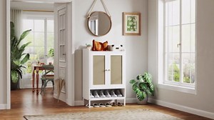 JASIWAY Shoe Cabinet for Entryway, Rattan Shoe Storage Cabinet with Doors and Adjustable Shelves, 5-Tier 20 Pair Shoe Rack Organizer Narrow Shoe Storage for Small Living Room, Hallway