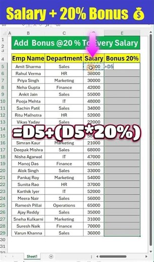 🔥Add 20% Bonus to Salary in Excel 💰 #excelshorts #excel#exceltips