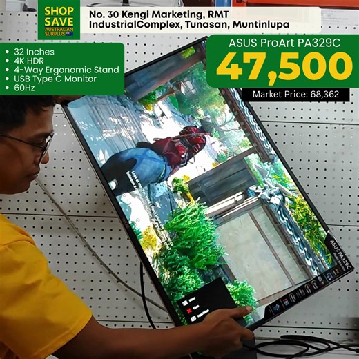 Asus ProArt PA329C Our Price: 47,500 Market Price: 68,362 Specs: 32 Inches 4k HDR 4 Way Ergonomic Stand USB Type C Monitor 60Hz 📍 Shop and Save Australian Surplus - RETAIL 📌 No. 30 Kengi Marketing, RMT Industrial Complex, Tunasan, Muntinlupa 🕗 Open Monday to Saturday, 8:30 AM – 5:30 PM ❌ Closed every Sunday | Shop and Save Australian Surplus