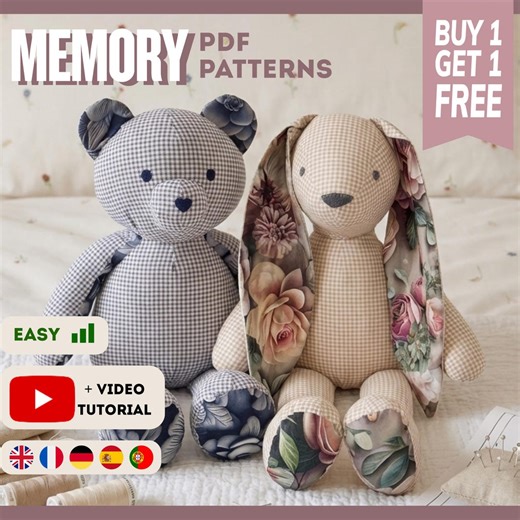 Memory Teddy Bear and Bunny PDF Pattern   Video Sewing Tutorial for Beginners - Etsy Canada