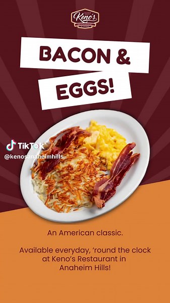 🍳🥓 **Start Your Morning Right at Keno’s Anaheim Hills!** 🥓🍳 Looking for a hearty breakfast to kickstart your day? Look no further! Join us at Keno’s in Anaheim Hills for our delicious Bacon and Eggs breakfast. 🥚🍽️ 🌟 **What You’ll Get:** - Crispy, perfectly cooked bacon - Farm-fresh eggs made just the way you like - Fresh-off-the-skillet hash-browns 📍 **Location:** Keno’s Restaurant, Anaheim Hills, CA 🕒 **Hours:** Open daily for breakfast from 7 AM Why wait? Tag your breakfast buddy and 