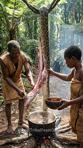 Eating Massive Python! Jungle Tribe Survival 🐍😱 #RealTribalFeast #butchery #pigmy
