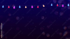 4K Christmas Looped Blinking Lights Animation Snowy Winter Loop Background. Light bulb string with flashing lights. 3d rendering party, Christmas or new year animation. event, Christmas, Festival. Stock Video