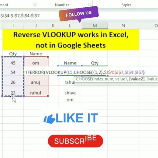 Vlookup reverse in Excel | Reverse VLOOKUP Works in Excel but Not in Google Sheets 🤯 #reversevlookup