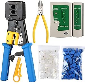 Solsop RJ45 Crimping Tool Kit Pass Through Cat5 Cat6 Crimping Tool for RJ45/RJ12 Regular, Network cable Tester, 50PCS Pass Through Connectors, 50PCS Covers, Mini Wire Stripper, Wire Cutter