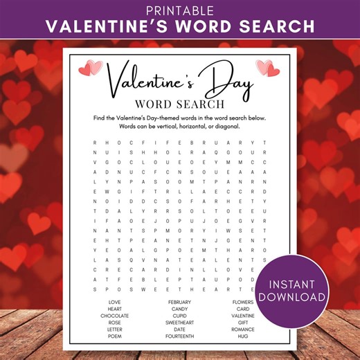 Valentine’s Day Word Search Printable, Kids Classroom Activity, Valentine Party Game, Instant Download PDF - Etsy
