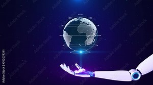 Digital Robot Hand holding Planet earth global business Network Metaverse Technology. Next generation networking connection, science, innovation. virtual world. Futuristic technology concept. AI 3D 4k