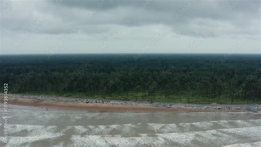Drone retreats seaward from forested beach edge unveiling breaking waves grey ocean expanse under heavy cloud cover at Talsari Beach, Odisha, India.