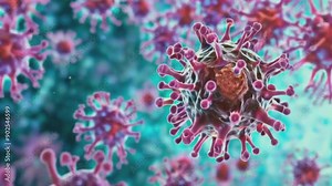 Close-up view of a virus or bacteria under a microscope, illustrating the detailed structure of viral particles, useful for scientific and medical contexts.