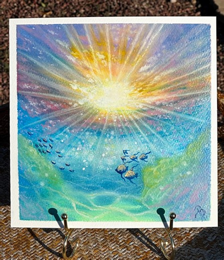 Coral Reef Oil Pastel Painting | Iridescent Tropical Seascape, 8x8 Handpainted Art - Etsy