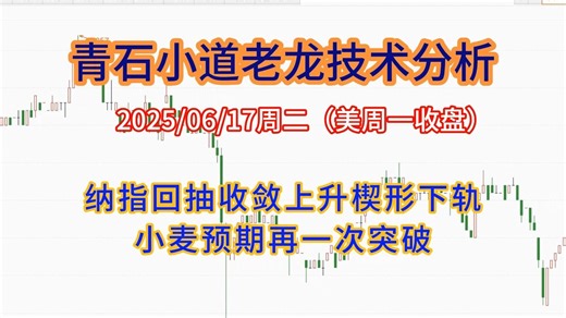 20250617青石小道技术分析，纳指回抽上升楔形下轨，小麦预期再一次突破。
