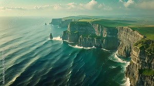The Cliffs of Moher in Ireland at sunset, showcasing the dramatic coastline and the turquoise waters below, The majestic Cliffs of Moher overlooking the emerald green sea