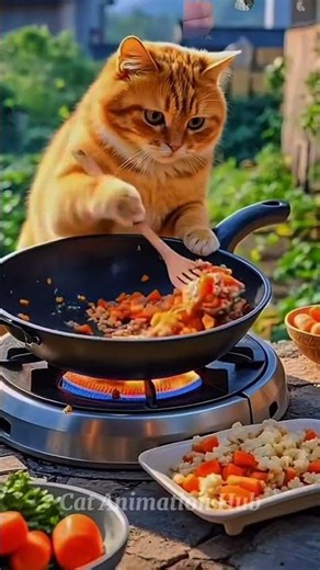 A cute cat wearing a chef hat, cooking food in a cozy meat,adorable high quality#cat #viralvideo
