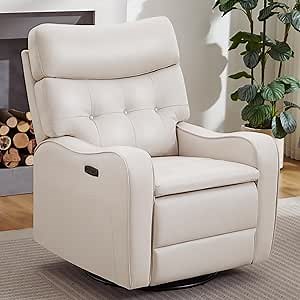 Power Swivel Rocker Recliner, Oversize Leather Rocking Recliner with USB and Type-C Port, Swivel Glider Reclining Nursery Recliners for Living Room, Home Office,Beige