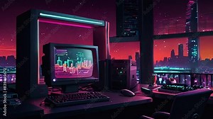 Retro Computer Setup with Neon Lights and a Nighttime City View