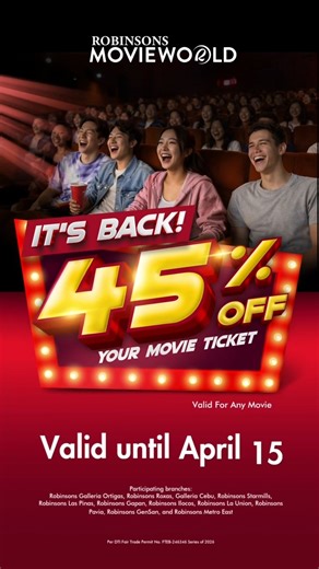 Unwind on weekdays and treat yourself to a movie! Enjoy 45% OFF on all movies at Robinsons Movieworld 🎬✨ Participating cinemas: 👉 Robinsons Galleria Ortigas 👉 Robinsons Galleria Cebu 👉 Robinsons Roxas 👉 Robinsons Starmills 👉 Robinsons Las Piñas 👉 Robinsons Gapan 👉 Robinsons Ilocos 👉 Robinsons La Union 👉 Robinsons Pavia 👉 Robinsons GenSan 👉 Robinsons Metro East 📌 Promo Details: 🎟 Valid until April 15, 2026 🚶 Walk-in purchases only ❌ Not valid for advance, special, or block screenin