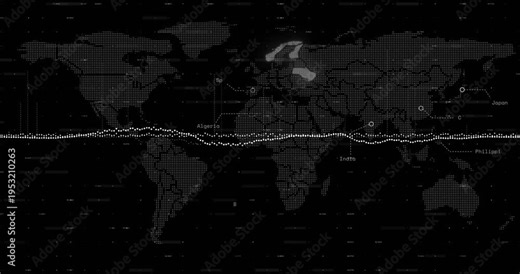 Dotted map centering signal lighting regions, waveform peaking markers tagging sites for monitoring